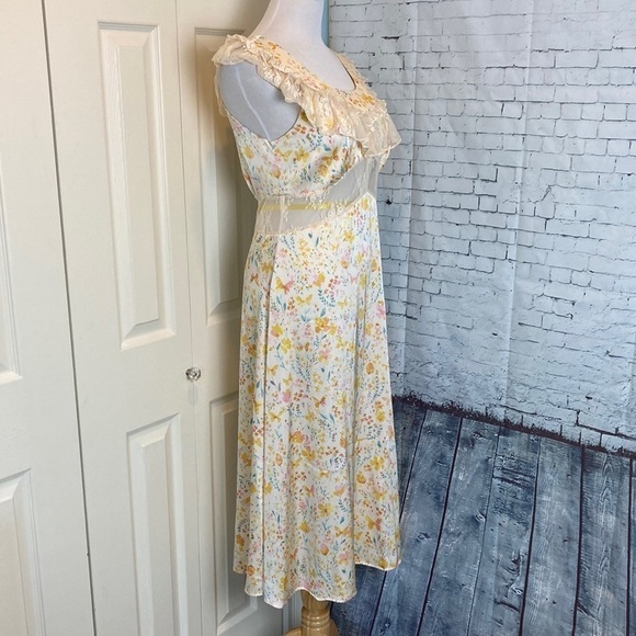 Simple Retro Romantic Flounce Sleeve Lace Detail Floral Slip Dress M Cottage - Picture 14 of 16